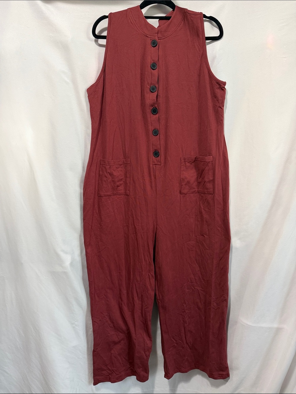 Sleeveless Button-Front Wide-Leg Jumpsuit in Brick Red